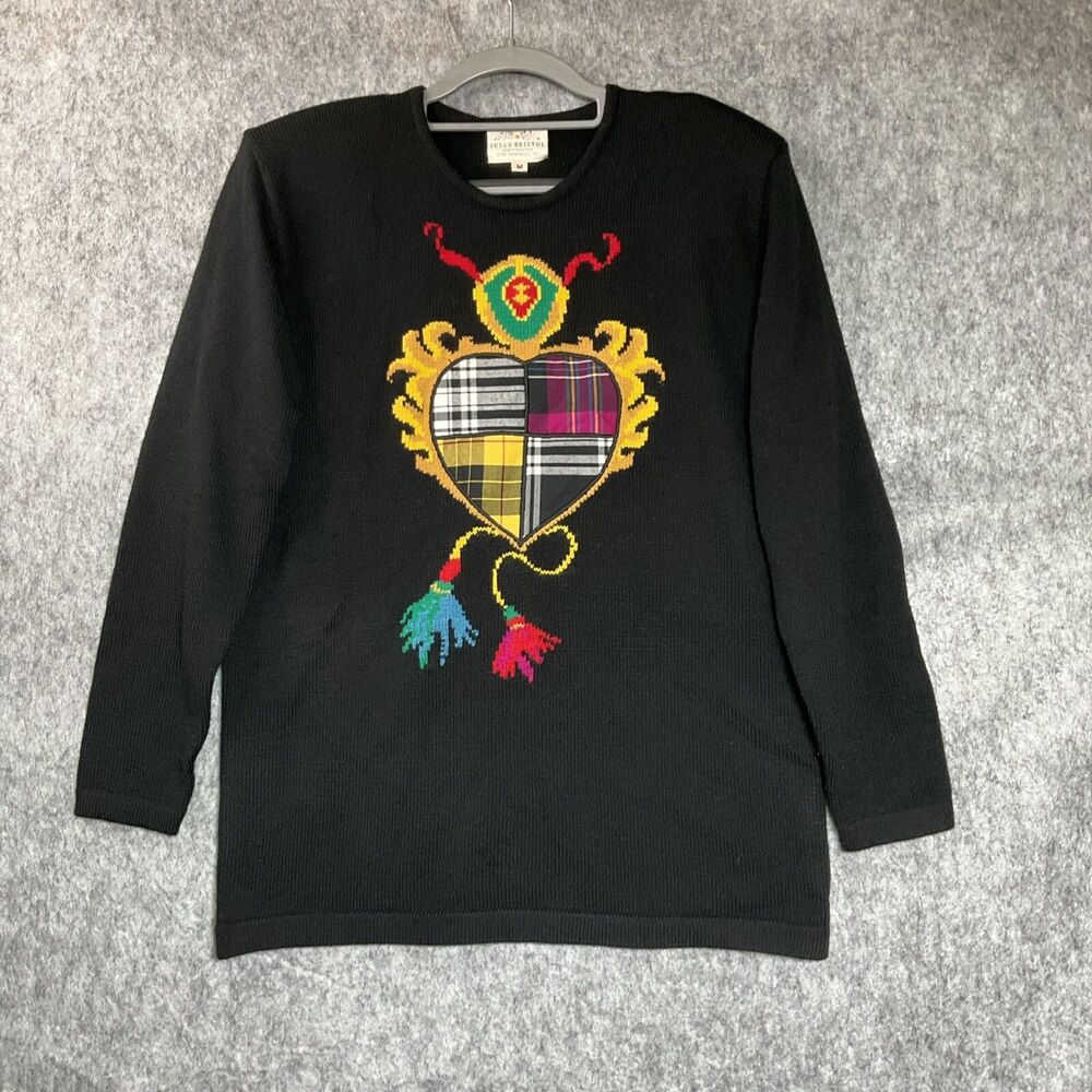Vintage Sweater Womens Medium Black Geometric Wool Blend Pullover Preppy Retro